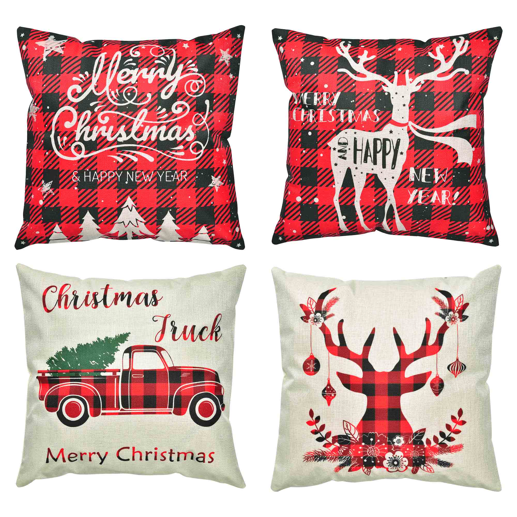 4 件装带隐藏拉链的圣诞枕套可水洗亚麻织物鹿树卡车图案方形枕头假日沙发床房子咖啡厅装饰