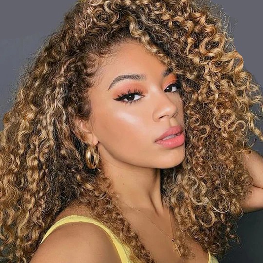 13x4 透明蕾丝高光假发 深波浪蜜糖金色混色前额人发假发