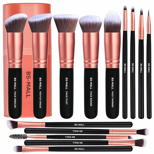 14 piece makeup brush set in rose gold, with a box of advanced synthetic brushes