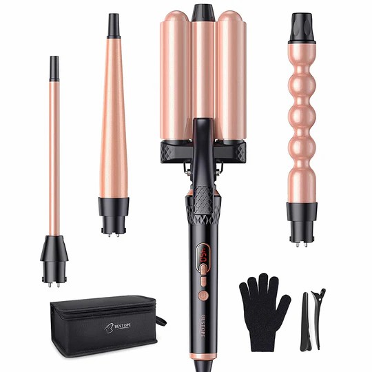 4-in-1 hair curling stick set with 3 curlers and LED temperature control
