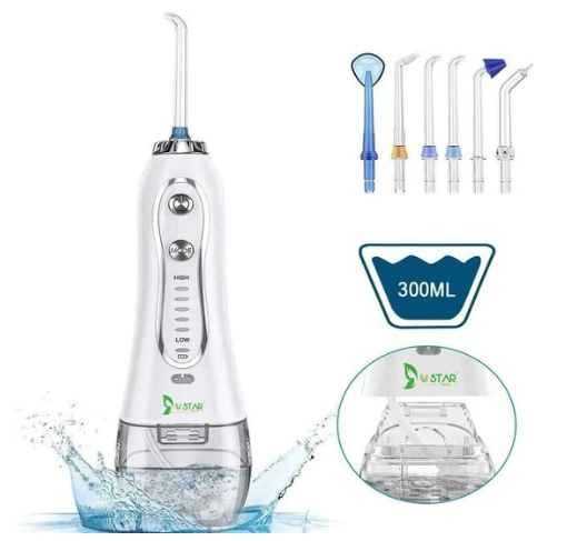 Water floss 300ML with 5 modes and 6 spray nozzles - IPX7 waterproof cordless dental oral irrigator portable and rechargeable water floss