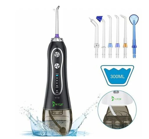 水牙线 300ML 5 种模式和 6 种喷射吸头 - IPX7 防水无绳牙科口腔冲洗器便携式和可充电水牙线