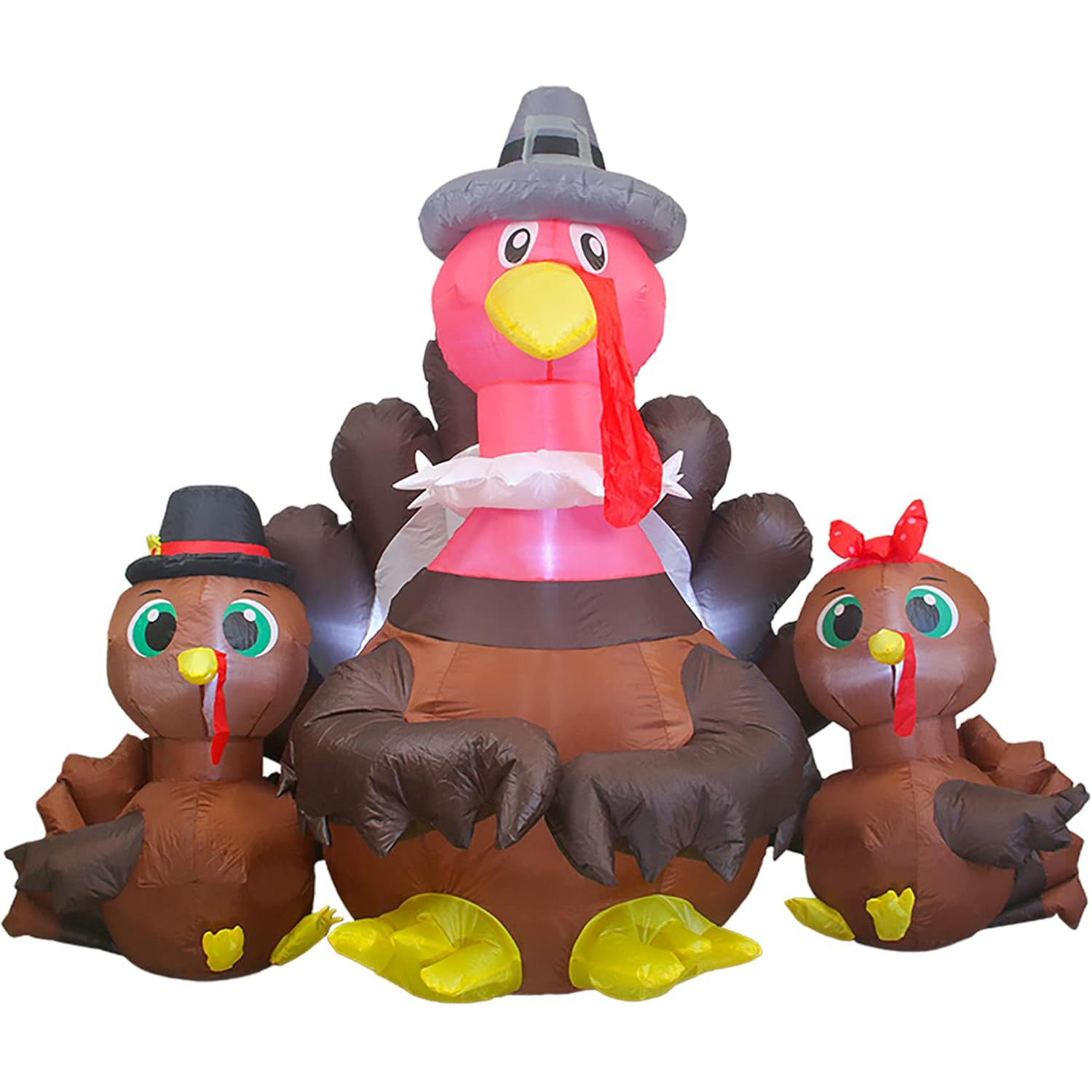 7 Ft Height Happy Thanksgiving Inflatable Turkey with 2 Turkey Chicks Built-in LED Lights Blow up Turkey Sat with Boy Turkey and Girl Turkeys Outdoor Lawn Yard Decoration