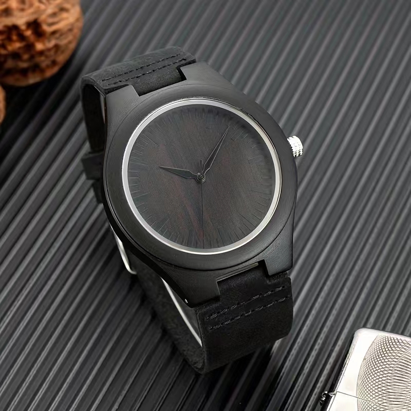 经典功能腕表，男士石英木表黑檀木真皮木表