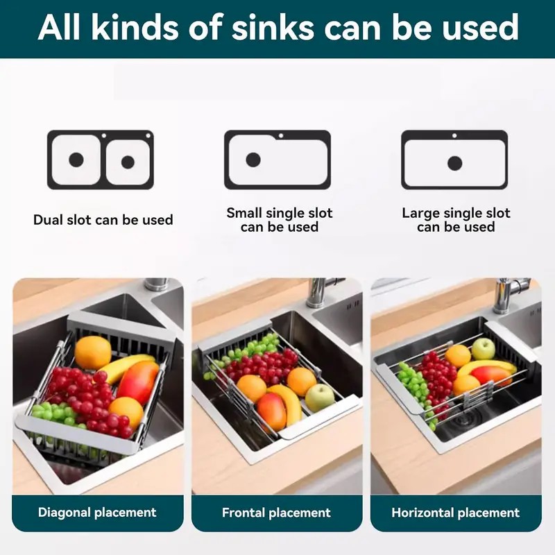Adjustable Immersion Sink Dish Drying Rack With Stainless Steel Drain Basket - Portable And Retractable Space-Saving Fruit And Vegetable Solution_voghion.com