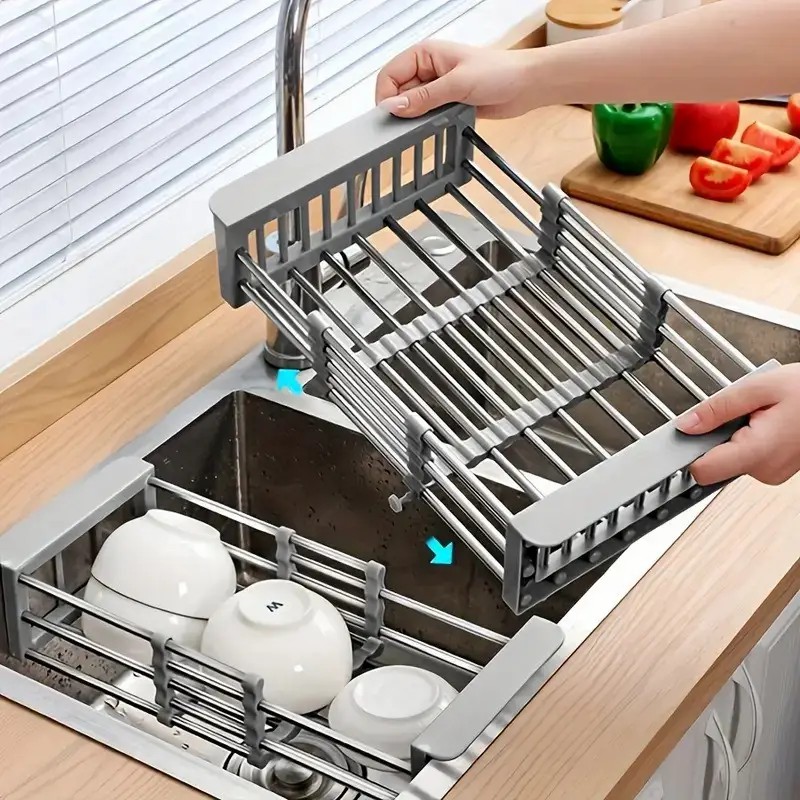 Adjustable Immersion Sink Dish Drying Rack With Stainless Steel Drain Basket - Portable And Retractable Space-Saving Fruit And Vegetable Solution_voghion.com