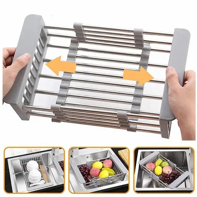 Adjustable Immersion Sink Dish Drying Rack With Stainless Steel Drain Basket - Portable And Retractable Space-Saving Fruit And Vegetable Solution_voghion.com