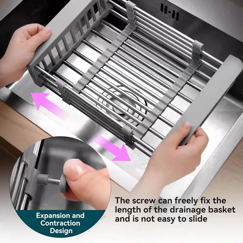 Adjustable Immersion Sink Dish Drying Rack With Stainless Steel Drain Basket - Portable And Retractable Space-Saving Fruit And Vegetable Solution_voghion.com
