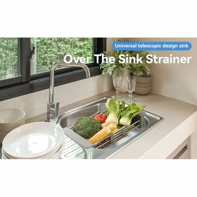 Adjustable Immersion Sink Dish Drying Rack With Stainless Steel Drain Basket - Portable And Retractable Space-Saving Fruit And Vegetable Solution_voghion.com
