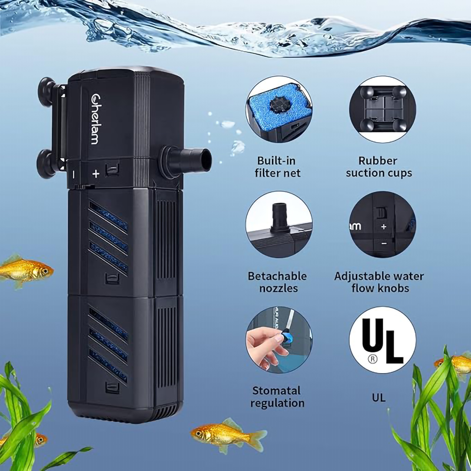 CHERLAM 潜水水族箱过滤器，6W 内置水族箱过滤器，可调节鱼缸过滤器，带生物过滤 132GPH 水泵，适用于 5-10 加仑鱼缸、池塘、雕像、水培