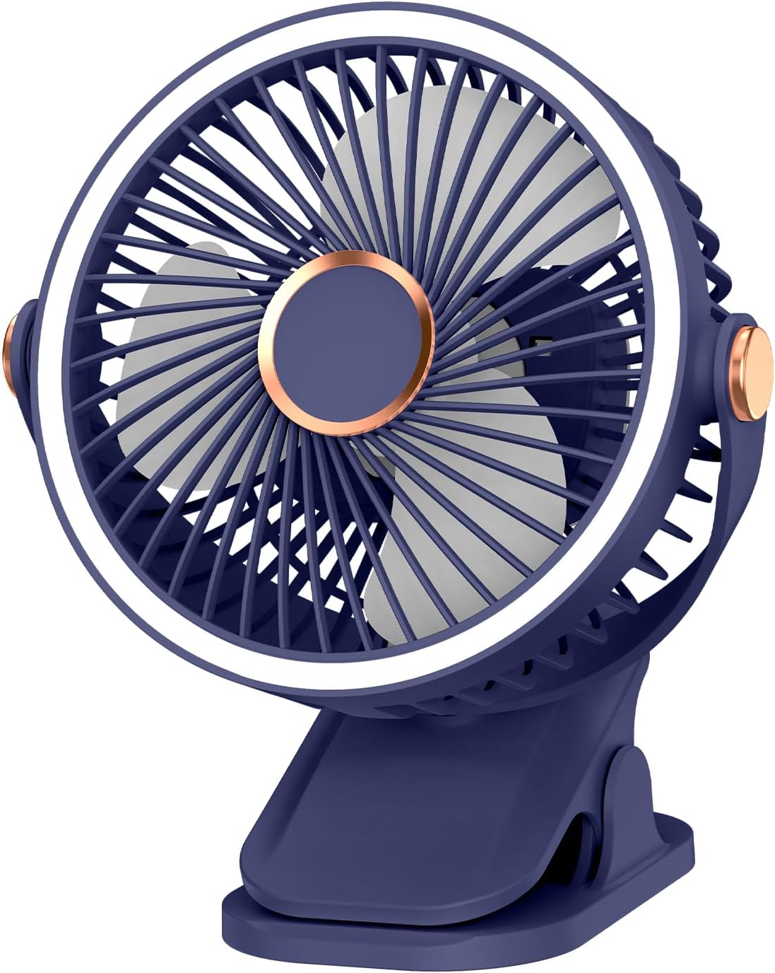 小型桌夹式便携风扇 可充电 720°调节，带 LED 灯，电池供电小型 USB 迷你个人风扇，适用于高尔夫球车、办公室、户外、露营