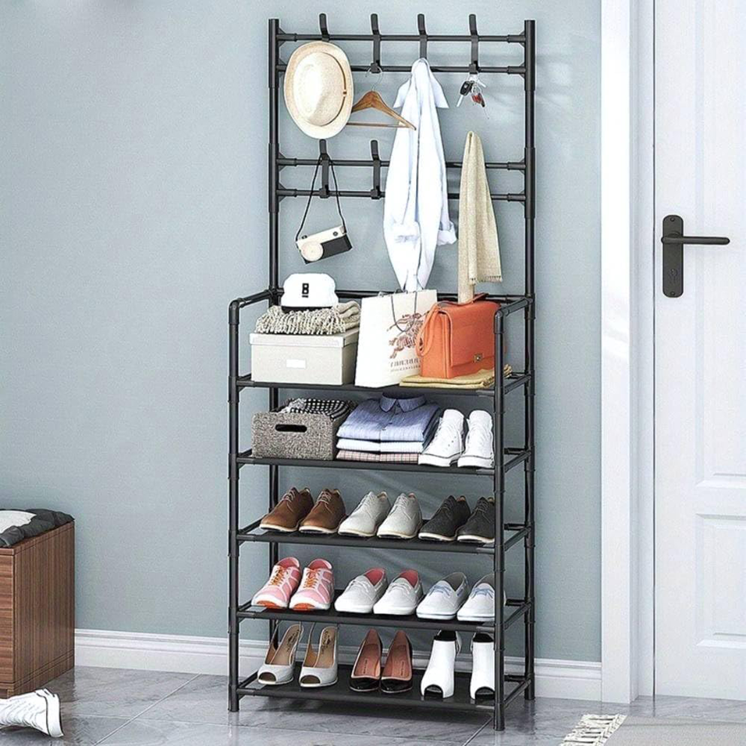 Entryway Shoe Rack with Coat Rack 5 Tier Shoe Stand Orqanizer for Bedroom Dorm, Coat and Shoe Rack, Entryway Storage Organizer with 8 Hooks for Hallway, Office (BLACK)