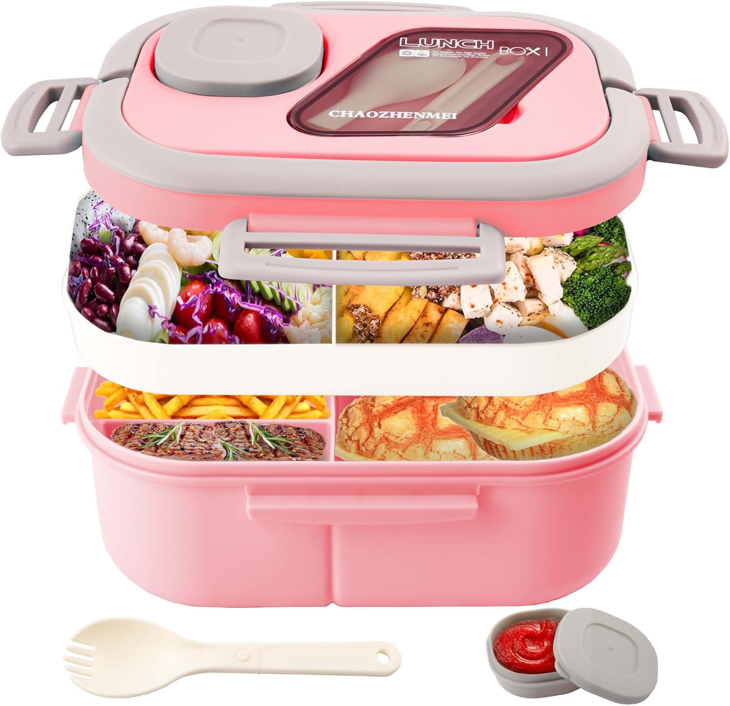 成人便当盒，沙拉盒 43 盎司大沙拉碗，便当式托盘可放配料，3 盎司酱料盒可放调味料，内置可重复使用叉子