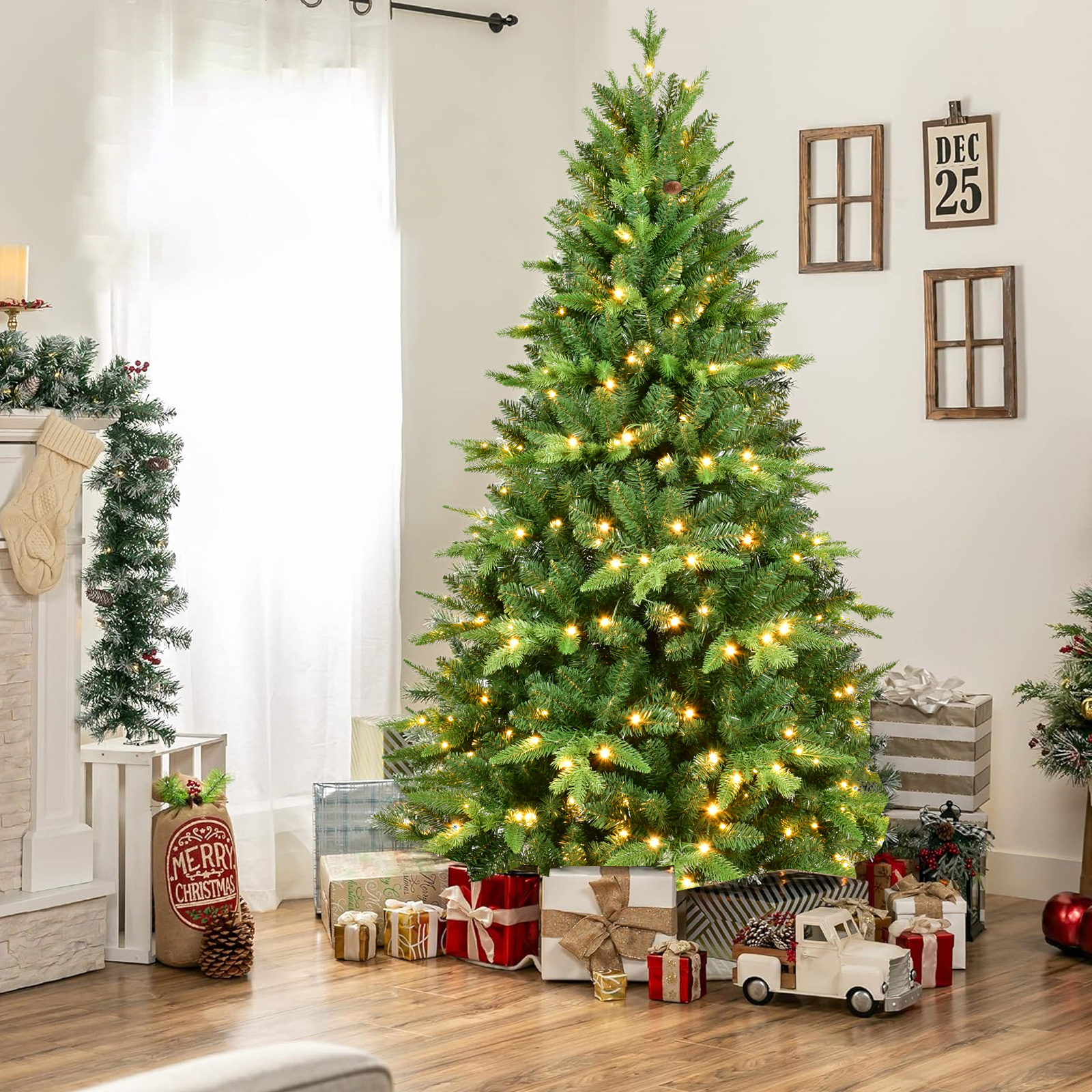 7FT Prelit Artificial Christmas Tree, 450 Warm White Lights, 1692 Branch Tips, Metal Stand, Hinged Tree for Home, Party