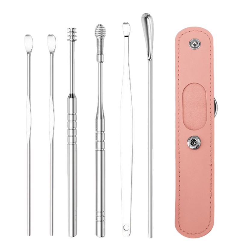 6 pieces of stainless steel earwax cleaning set, spiral design. Stainless steel earwax set-earwax removal tool, ear cleaning tool, earwax removal set, portable storage artificial leather box