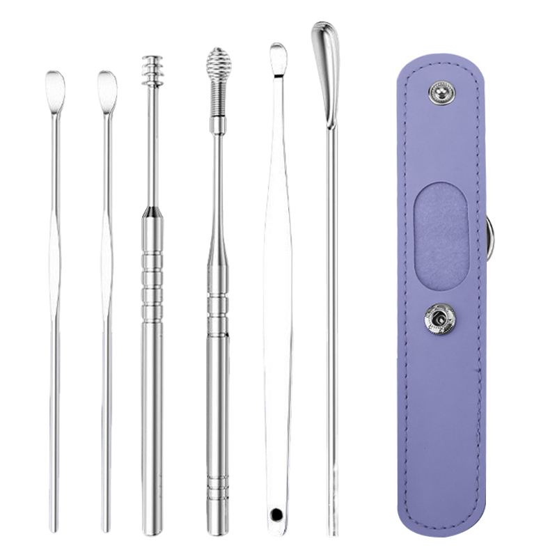 6 件不锈钢耳垢清除套装，螺旋设计。不锈钢耳垢套装 - 耳垢清除工具、耳部清洁工具、耳垢清除套装、便携式存储人造皮革盒 