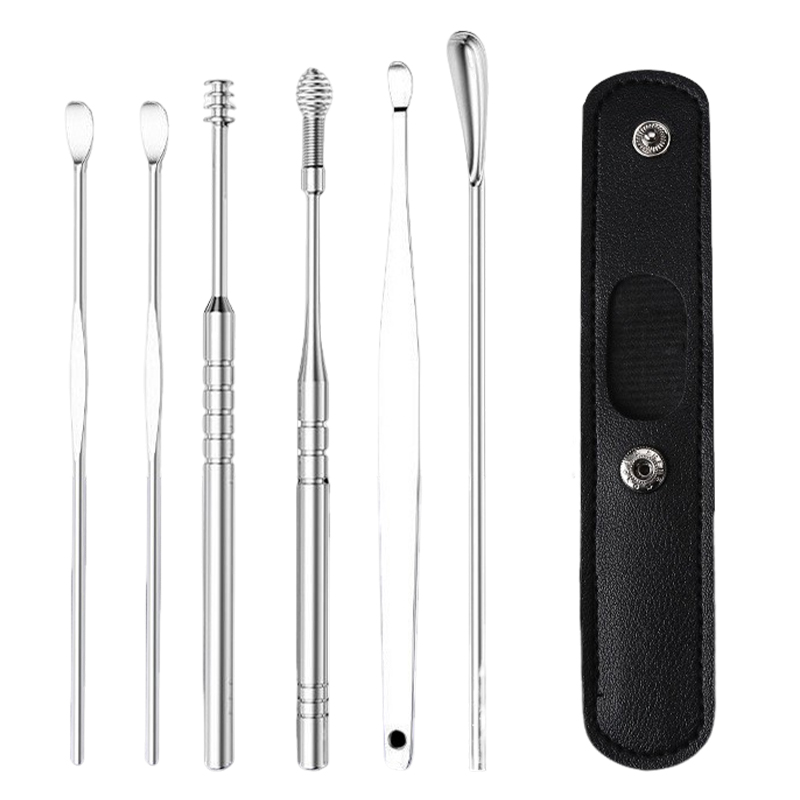 6 件不锈钢耳垢清除套装，螺旋设计。不锈钢耳垢套装 - 耳垢清除工具、耳部清洁工具、耳垢清除套装、便携式存储人造皮革盒 