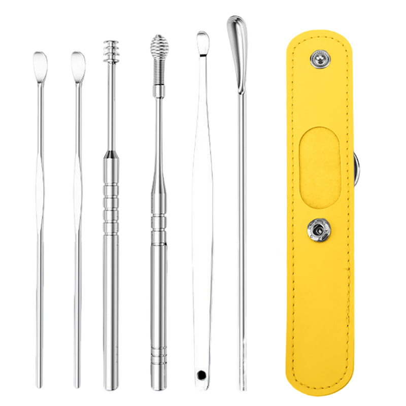 6 件不锈钢耳垢清除套装，螺旋设计。不锈钢耳垢套装 - 耳垢清除工具、耳部清洁工具、耳垢清除套装、便携式存储人造皮革盒 