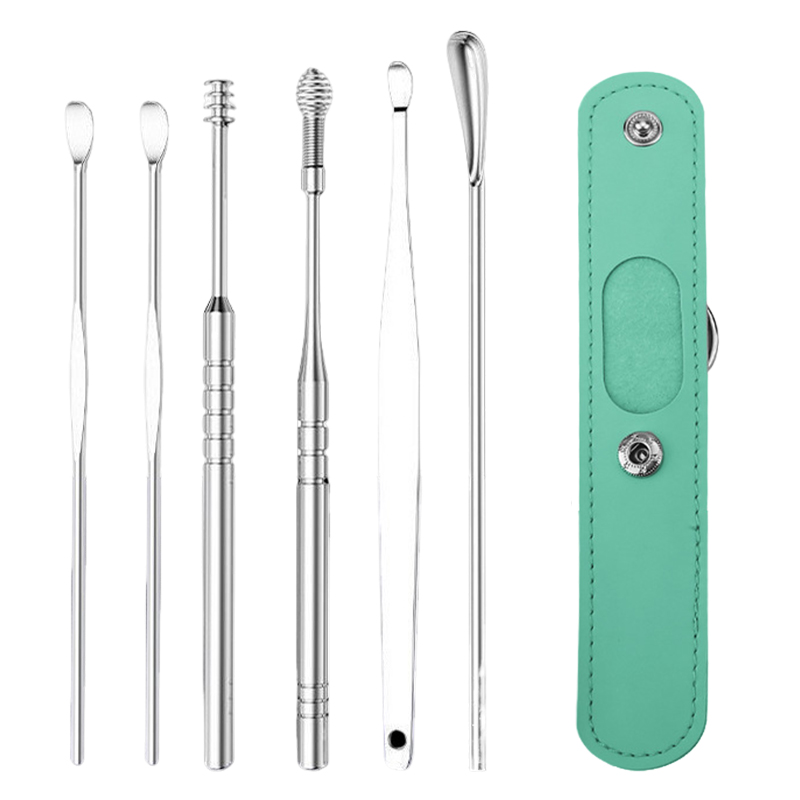6 件不锈钢耳垢清除套装，螺旋设计。不锈钢耳垢套装 - 耳垢清除工具、耳部清洁工具、耳垢清除套装、便携式存储人造皮革盒 
