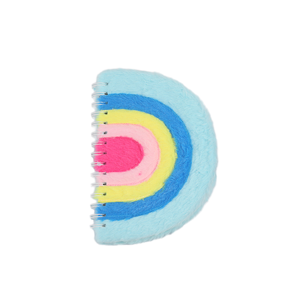 A rainbow-shaped, soft-covered, spiral-bound notebook