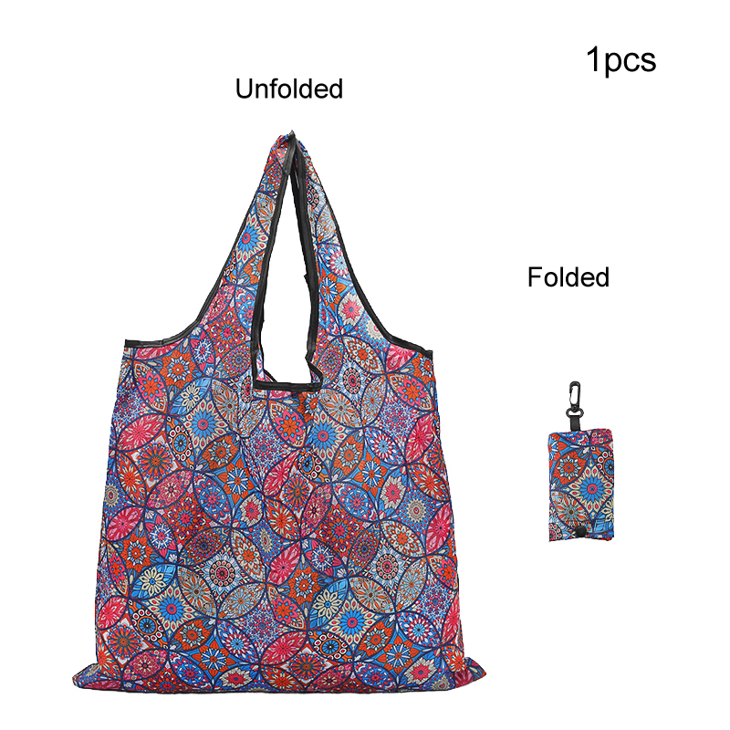1 waterproof and foldable handbag with a variety of printed patterns, suitable for food purchase, travel, picnic, machine wash bags, reusable shopping bags