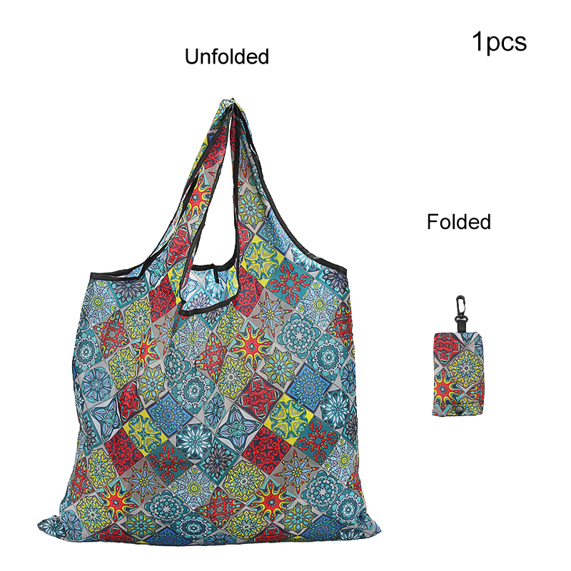 1件防水且可折叠的手提包，带有多种印刷图案，适用于购买食品、旅行、野餐、机洗袋、可重复使用的购物袋
