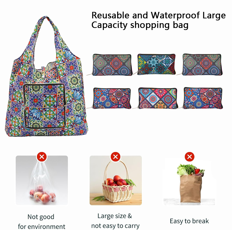 一件轻便且耐用的购物袋，可清洗且可折叠的，经典图案设计的礼品手提包，带有拉链，可折叠且便于携带，适合旅行使用。