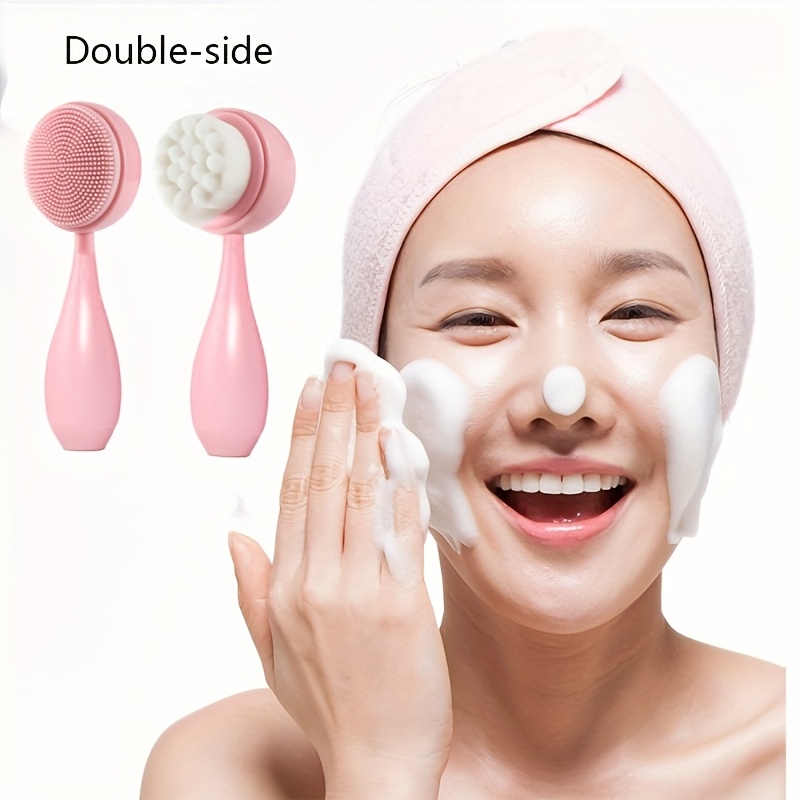 1 piece two-in-one pink cleansing brush-manual exfoliating and massage tools, using silicone bristles, suitable for deep pore cleaning, no sensitizing fiber bristles, mild skin care, exfoliating brush