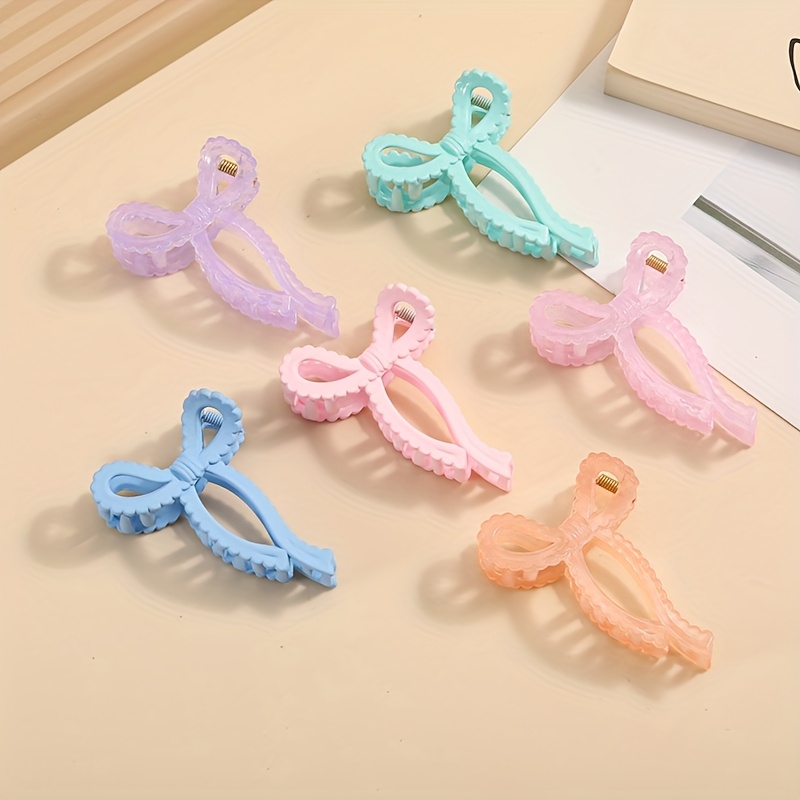 6pcs 蝴蝶结形状发夹-时尚防滑马尾夹，混合颜色，百搭后脑勺强鲨鱼夹，休闲风格纯色配件，适合日常佩戴