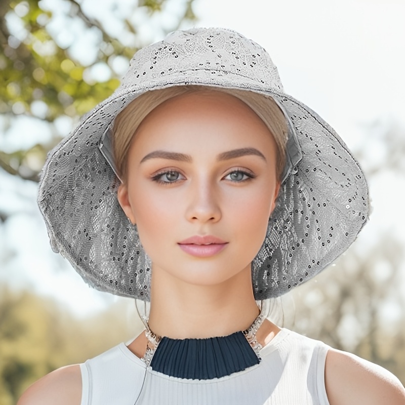 1 件可折叠太阳帽，渔夫帽，闪亮亮的亮片涂鸦帽，女士户外太阳帽，适用于春季和夏季的徒步旅行、钓鱼、海滩活动和探险用的双层桶形帽。