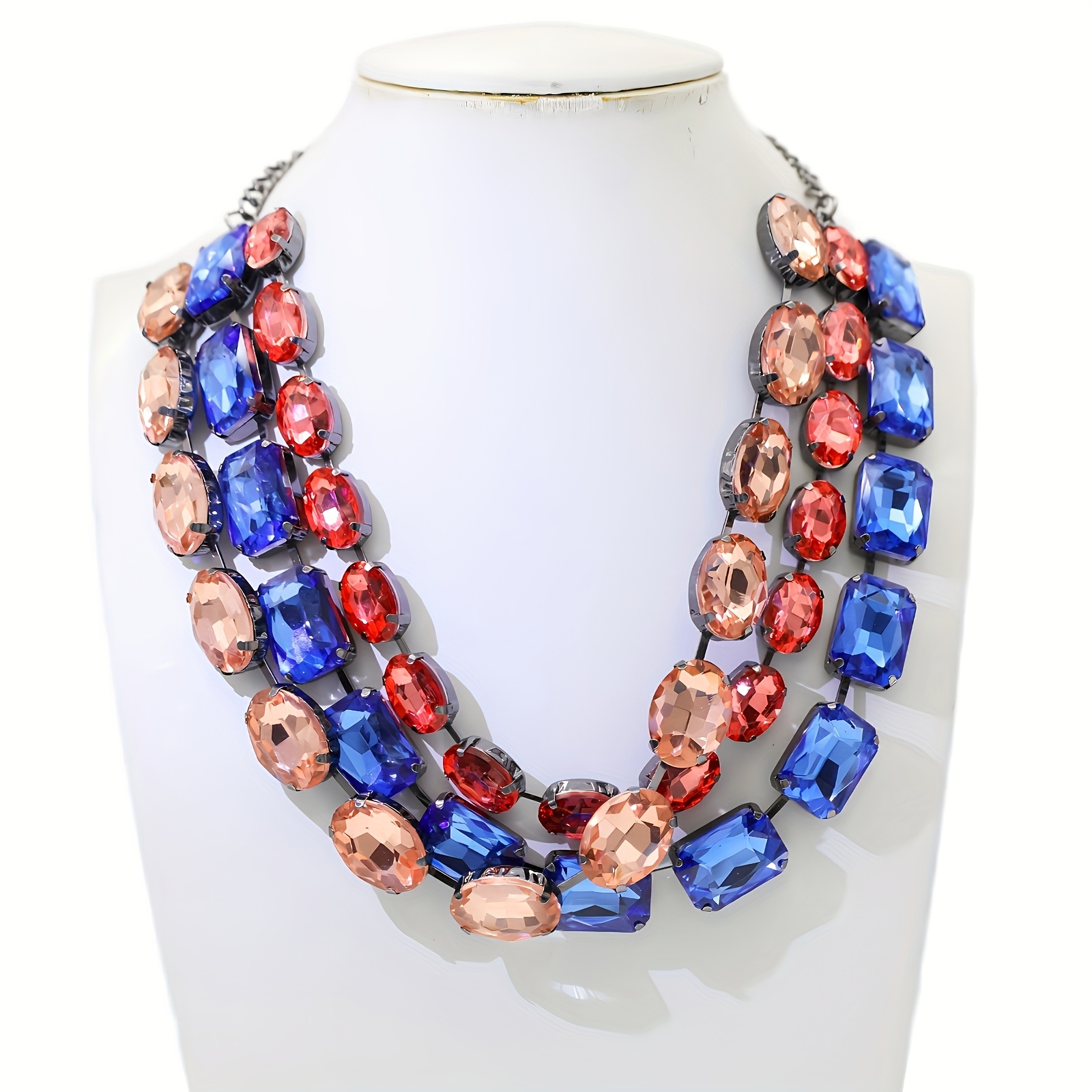 波西米亚风水钻吊坠项链，多层仿水晶串珠项链和几何彩色水钻耳坏，适合各类商务、旅行、派对、婚礼和舞台表演，以及日常佩戴