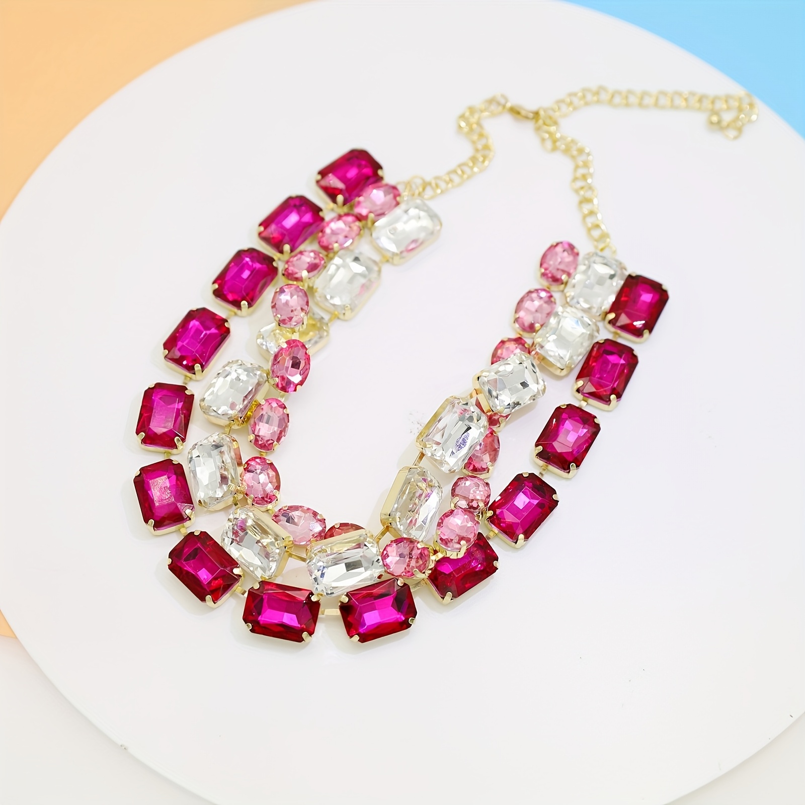 波西米亚风水钻吊坠项链，多层仿水晶串珠项链和几何彩色水钻耳坏，适合各类商务、旅行、派对、婚礼和舞台表演，以及日常佩戴