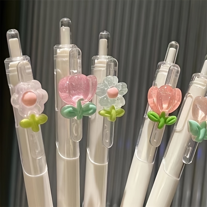 Five lovely flower pens, decorated with girls' semi-transparent tulip flowers, are quick-drying writing pens suitable for schools and office supplies.