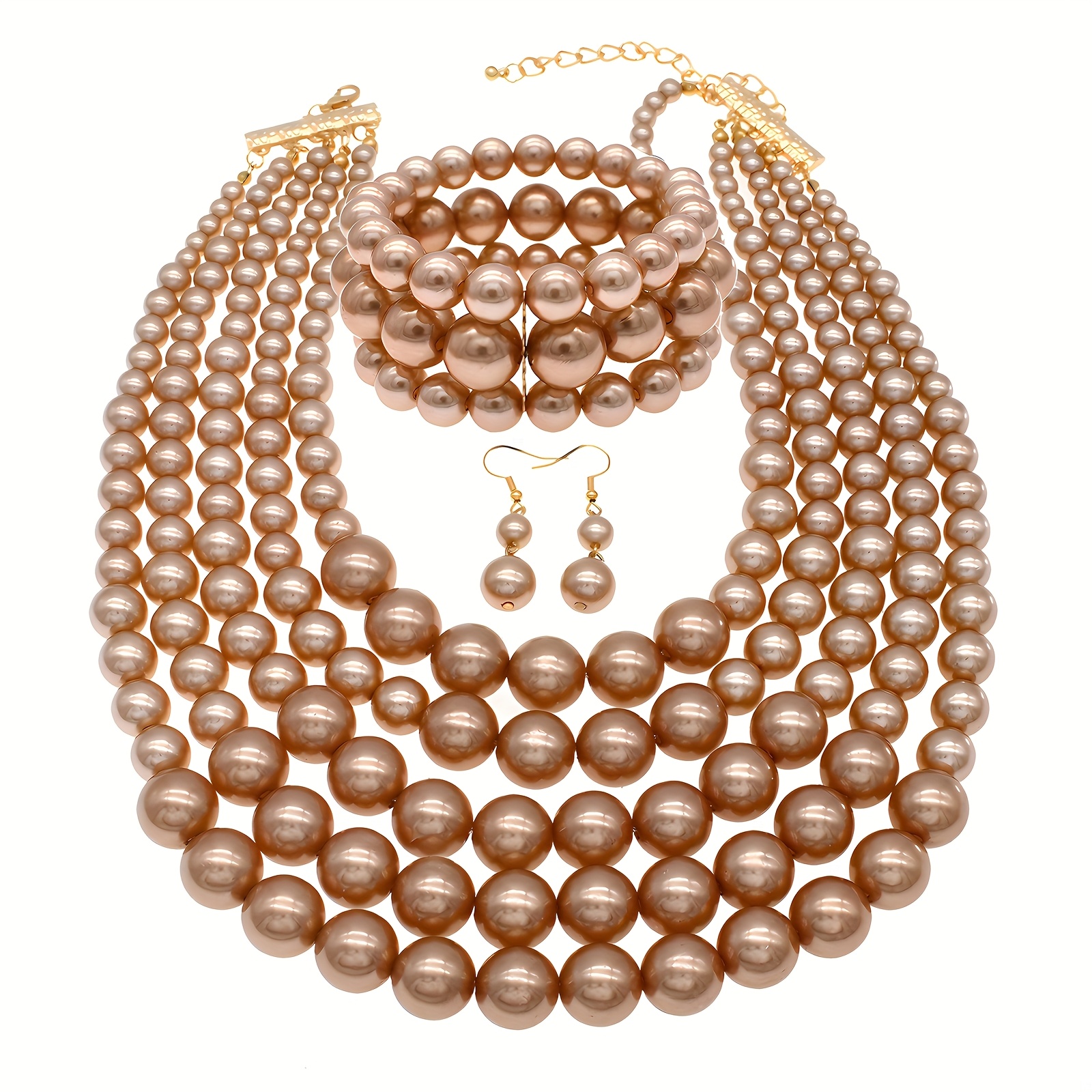 4pcs/套 著华5层仿珍珠项链和手镯套装，时尚手工珠宝，，适合特殊场合和婚礼，是完美的 礼物选择