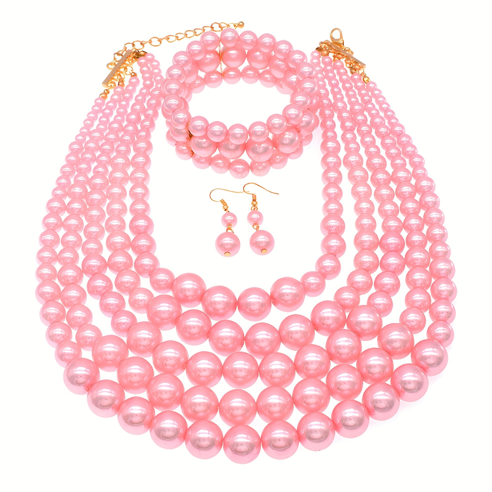 4pcs/套 著华5层仿珍珠项链和手镯套装，时尚手工珠宝，，适合特殊场合和婚礼，是完美的 礼物选择