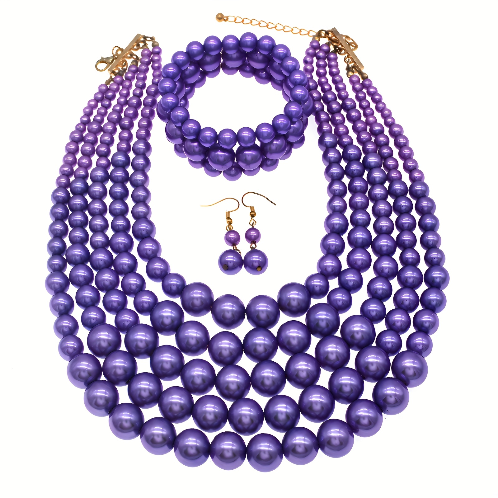 4pcs/套 著华5层仿珍珠项链和手镯套装，时尚手工珠宝，，适合特殊场合和婚礼，是完美的 礼物选择