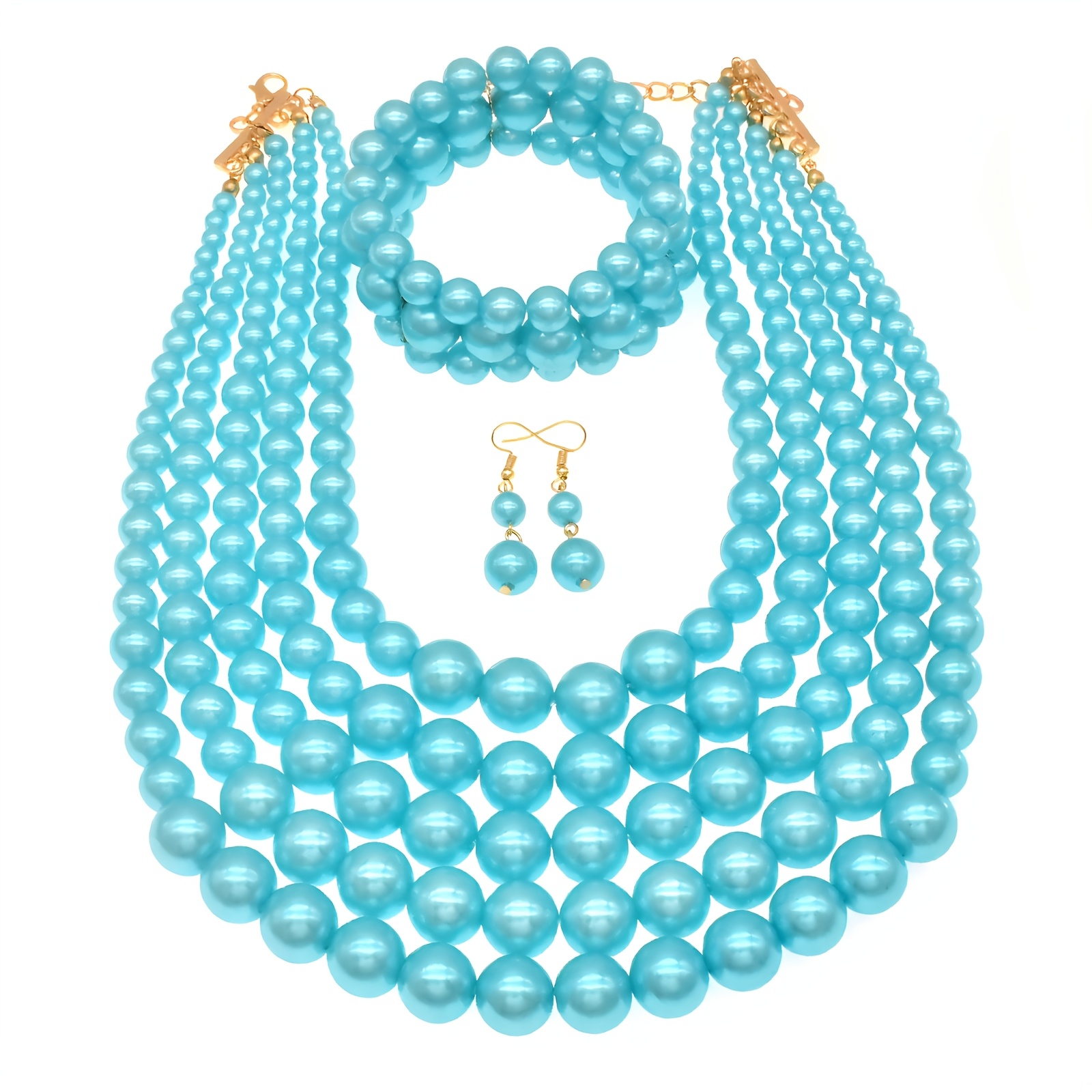 4pcs/套 著华5层仿珍珠项链和手镯套装，时尚手工珠宝，，适合特殊场合和婚礼，是完美的 礼物选择