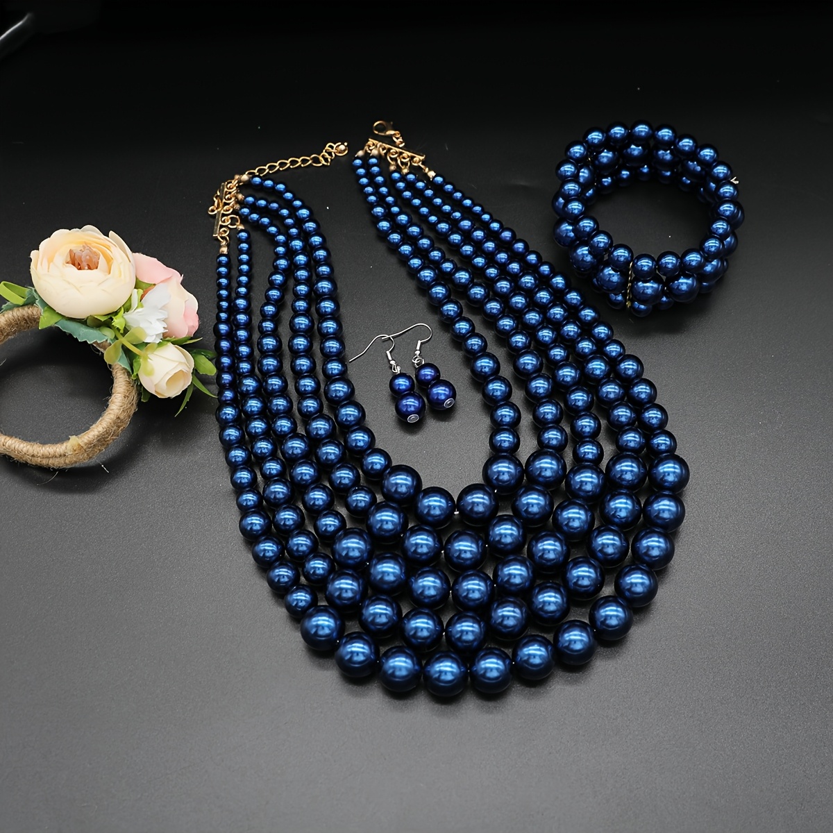 4pcs/套 著华5层仿珍珠项链和手镯套装，时尚手工珠宝，，适合特殊场合和婚礼，是完美的 礼物选择