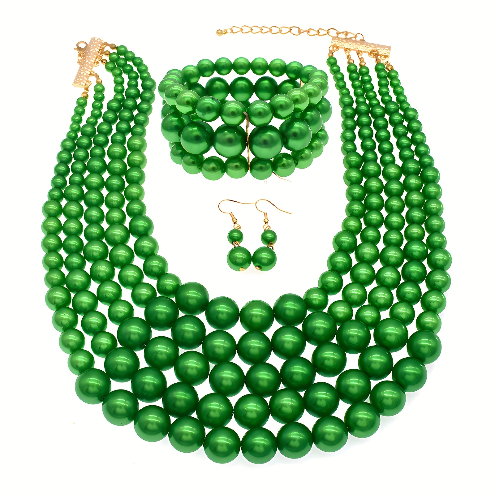 4pcs/套 著华5层仿珍珠项链和手镯套装，时尚手工珠宝，，适合特殊场合和婚礼，是完美的 礼物选择