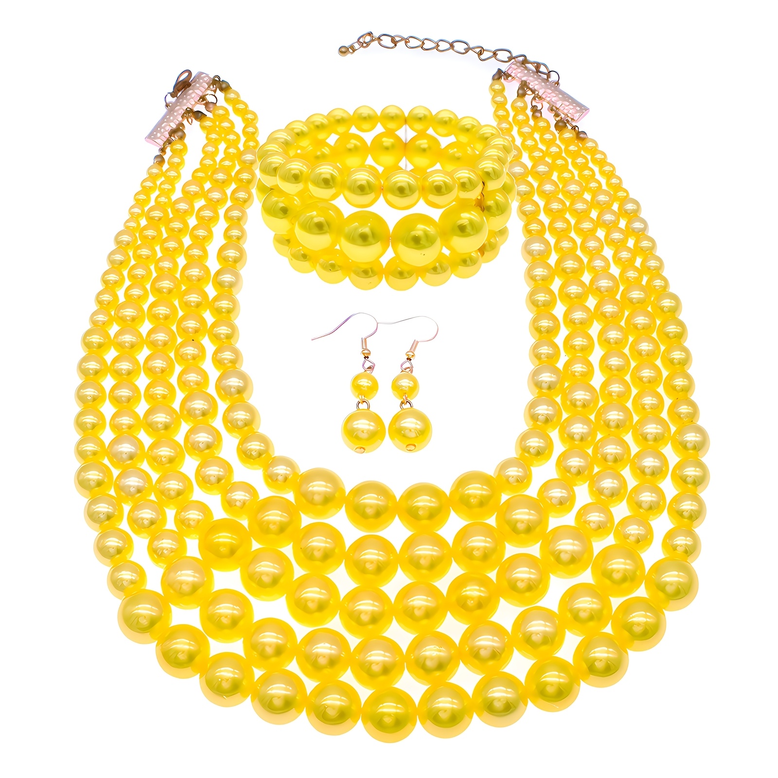 4pcs/套 著华5层仿珍珠项链和手镯套装，时尚手工珠宝，，适合特殊场合和婚礼，是完美的 礼物选择