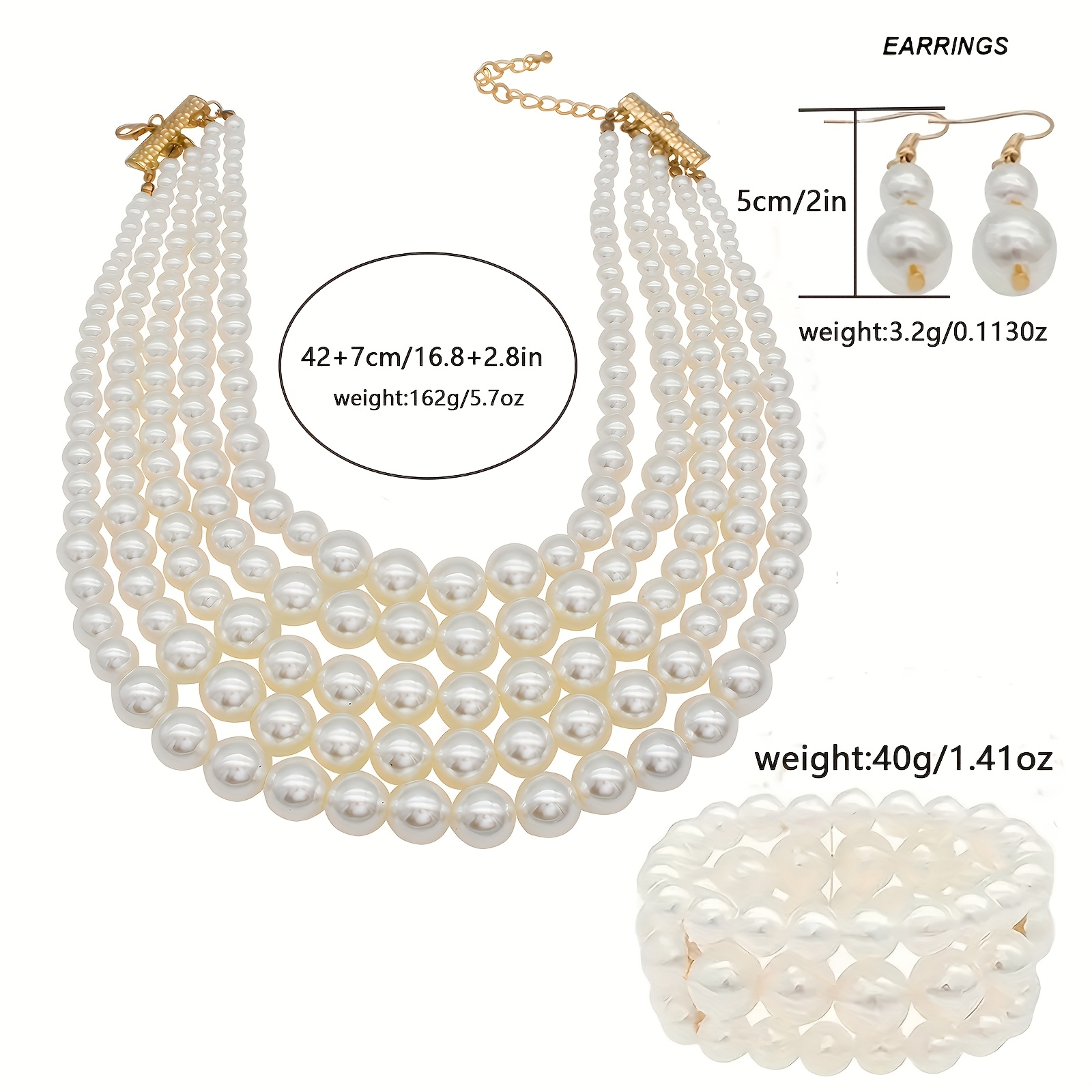 4pcs/套 著华5层仿珍珠项链和手镯套装，时尚手工珠宝，，适合特殊场合和婚礼，是完美的 礼物选择