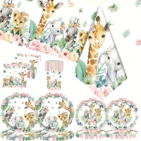 145森林动物餐具套装-动物主题派对，含盘子、杯子、餐巾纸及餐具，适用于婴儿洗礼、户外露营、生日聚会