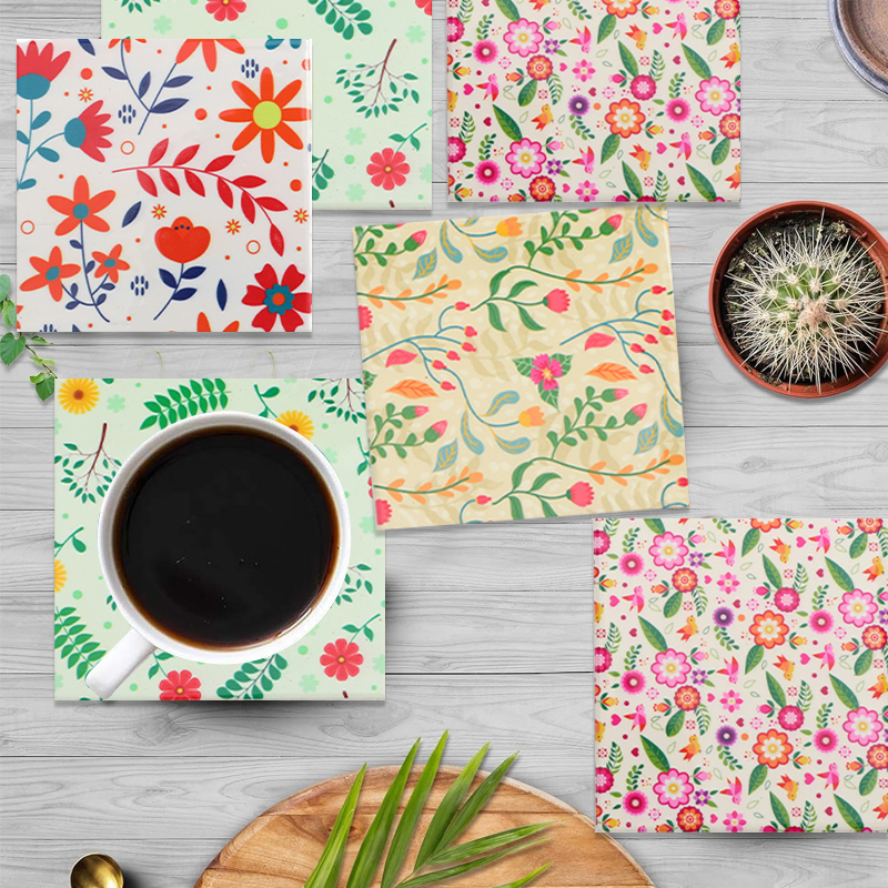 复古花卉图案木质杯垫 - 防热且防滑，适用于家庭、办公室和聚会中的装饰桌布。
