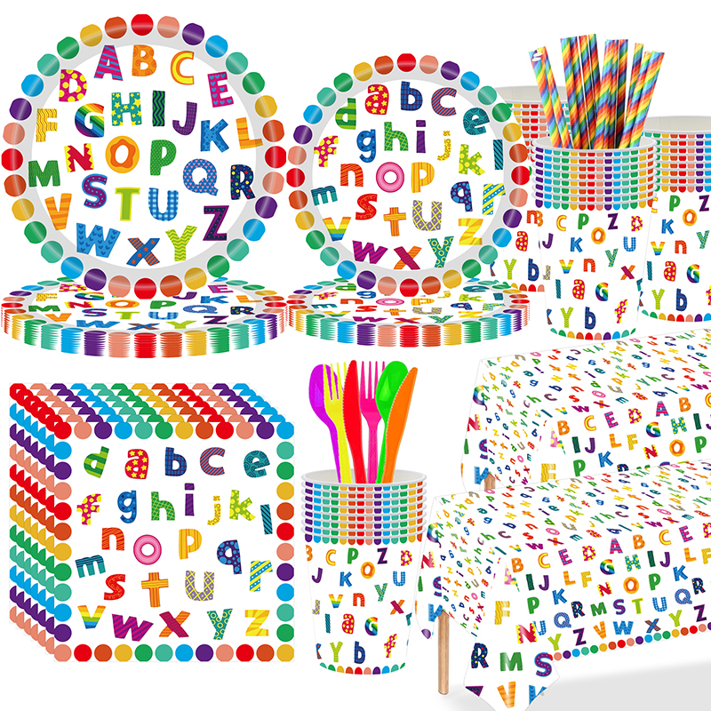 133件一套彩虹字母主题派对用品套装 彩色字母纸盘纸杯纸巾桌布餐具 生日派对装饰布置用品