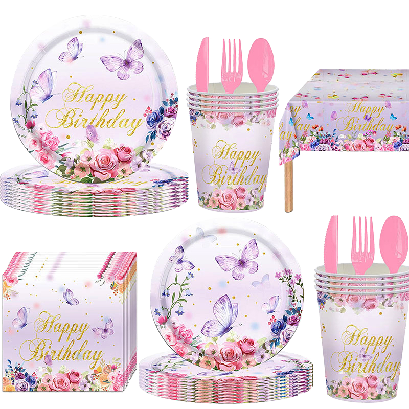 133 件蝴蝶花卉生日主题派对用品套装 粉色玫瑰纸盘纸杯桌布纸巾餐具 女性成人生日派对装饰布置用品