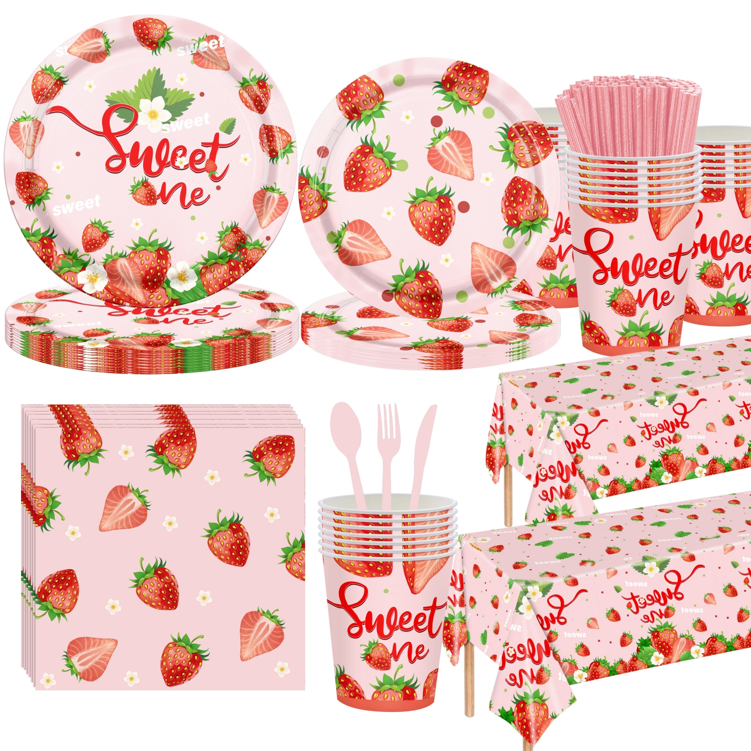 133件适合女孩的草莓主题,用于甜品生日派对的装饰。浆果系列一次性餐具套装，包括盘子、餐巾、杯子和叉子、刀子。