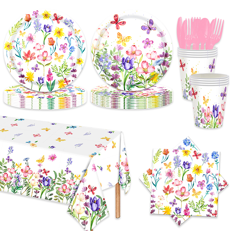 133件水彩花卉蝴蝶主题派对用品套装 一次性纸盘纸杯桌布纸巾餐具组合