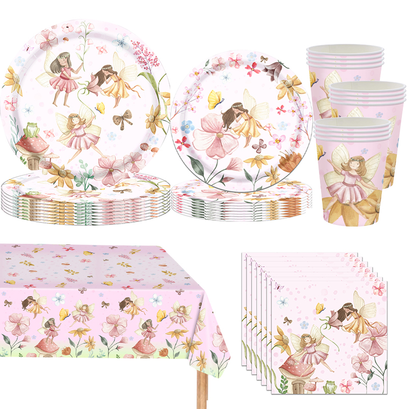 133 pieces of fairy party decorations, suitable for girls' fairy tale theme party decorations, garden flower tableware set including paper plate, napkin, fork, cup and tablecloth, etc., suitable for 16 guests.
