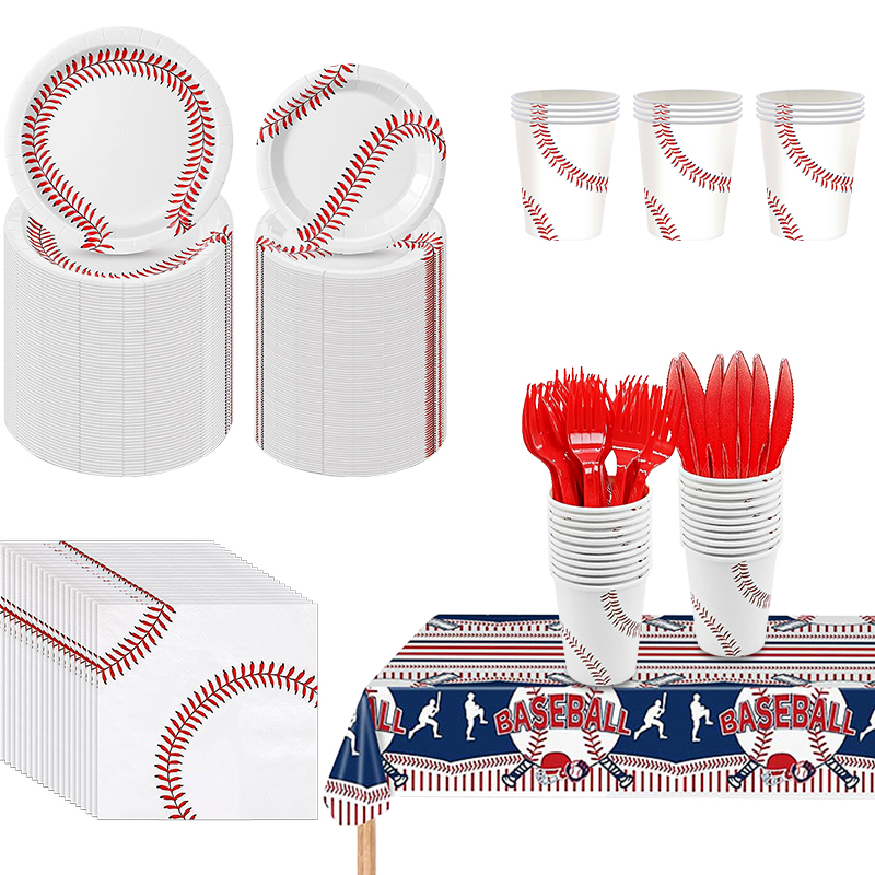 133 pieces of white baseball party supplies-a full set of disposable paper plates for weddings and bachelor parties, plastic forks, knives, spoons, napkins and cups, which can accommodate 16 people
