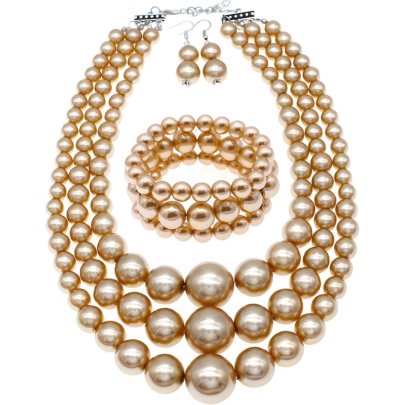 4件套夸张仿珍珠串珠三件套多层珍珠项链，适合晚宴、婚礼佩戴、服饰配饰，独特设计，时尚优雅性感风格，适合女友、妻子、朋友、家人纪念礼物